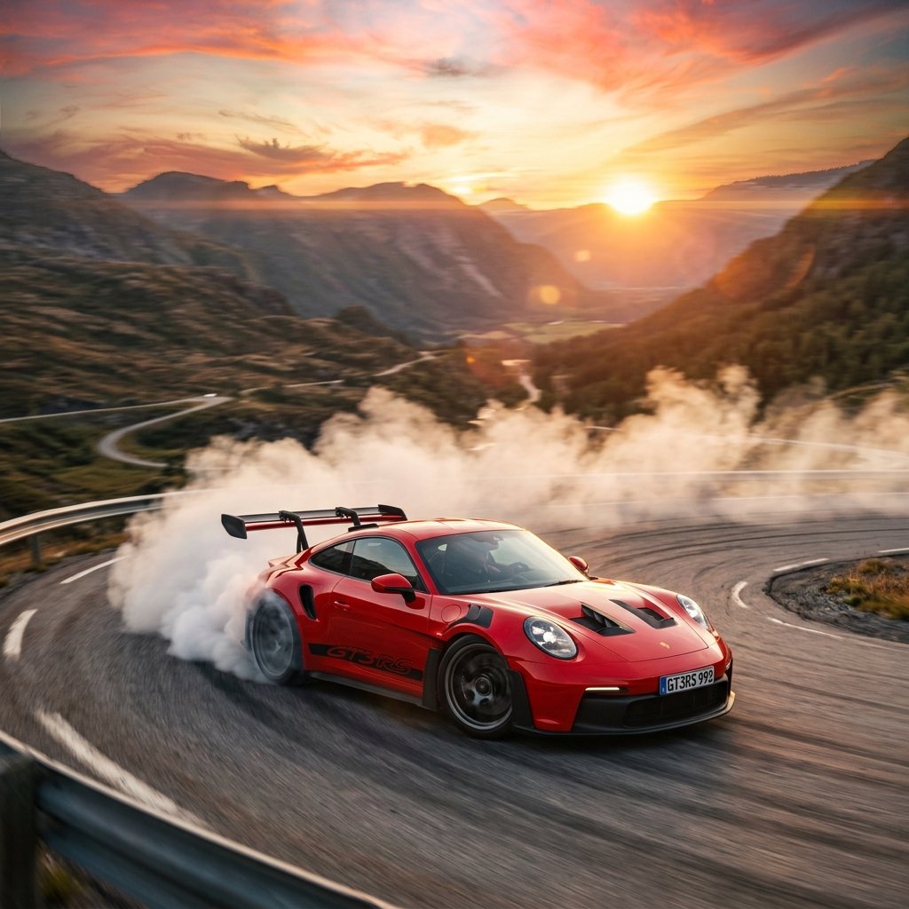 Red Porsche GT3 RS drifting on mountain road at golden hour sunset - Cinematic Automotive Photography